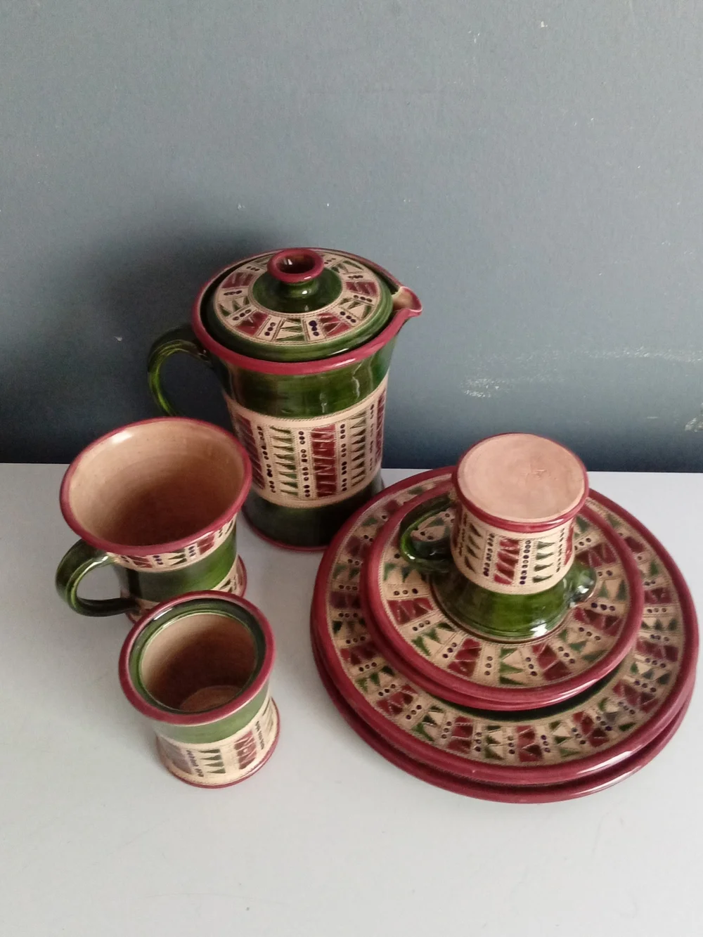 Handmade Studio Pottery Set Green Burgundy Geometric Pitcher Plates Mugs 9pc
